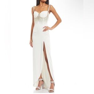 Gianni Bini Sweetheart Neckline Beaded Fringe Front Slit Black Embellished Dress